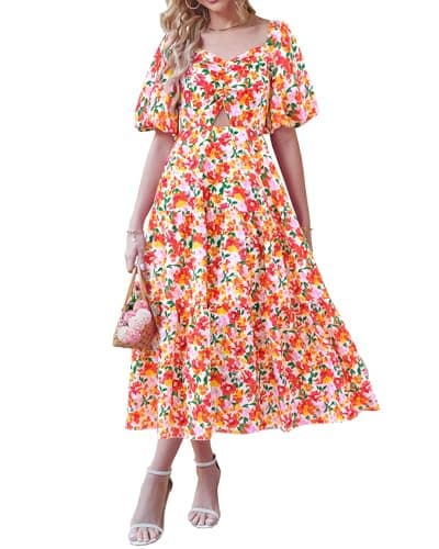 BTFBM Summer Dresses for Women 2026 Spring Outfits Beach Vacation Short Sleeve Smocked Boho Casual Floral Maxi Dress(Floral White Red, Large) - Image 1