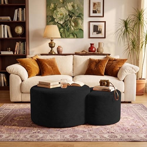 BSHOMGI Nesting Coffee Table Set of 2, Upholstered Round Corduroy Circle Foam Round Side Table for Living Room, Entryway Set, 32"+17" Footrest No Assembly (Black, 32"+17") - Thumbnail 5