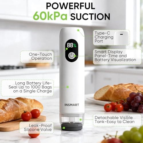 Compact Vacuum Sealer for Food (Vacuum Sealer Machine + 30 Reusable Vacuum Bags) Powerful Handheld Vacuum Sealer Machine, Seal Meal Saver, Portable Food Sealer - Thumbnail 3
