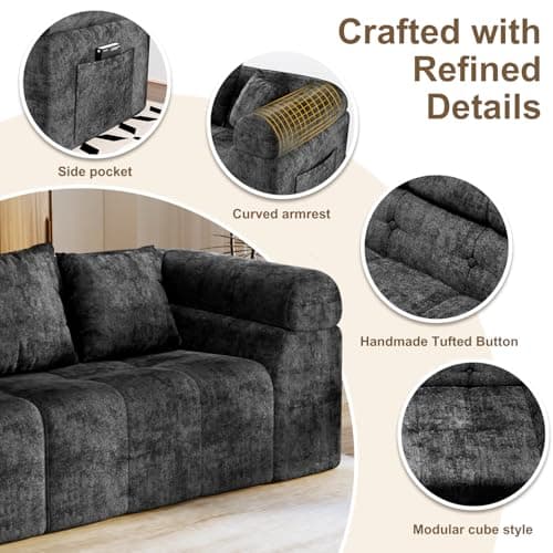 Modular Sectional Sofa Cloud Couch, Boneless Sleeper Bed for Living Room with No Assembly, Deep Seat & Pillows, Loveseat Configurations with Ergo Support & Storage Pocket, Grey - Thumbnail 4