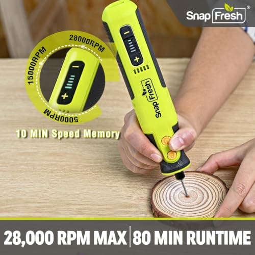 SnapFresh Cordless Rotary Tool Kit, 8V 5-Speed Variable Electric Multi-Tool, 28,000 RPM, Lightweight USB-C Rechargeable Mini Power Tool w/LED Light, 46 Accessories for DIY Engraving & Polishing - Thumbnail 2