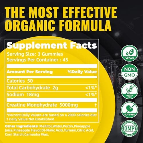 Natures Aid NSF Certified Creatine Gummy 5g - Creatine Monohydrate Gummies – Pre-Workout Energy & Muscle Growth Support for Men & Women | Pineapple Electrolyte Gummies (135 Count) - Thumbnail 3
