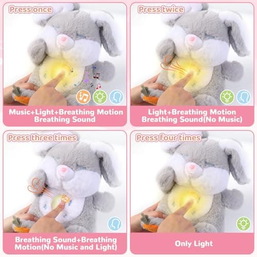 Breathing Stuffed Animal, Soothe Snuggle Bunny Plush, Sleep Buddy Soothing Stuffed Bunny for Anxiety Adults and Kids, Volume Control Easter Bunny Gifts with Realistic Breathing and Lights Music - Thumbnail 6