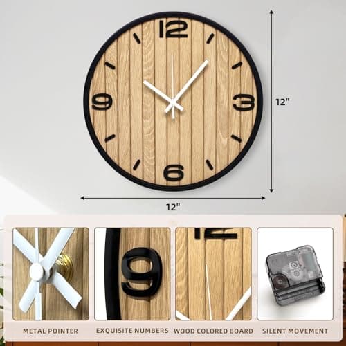 AXAORIRA 12 Inch Round Wall Clock Battery Operated, Wooden Decorative Analog Clocks Non-Ticking Quartz for Apartment, Living Room, Bedroom, Hallway, Classroom - Easy to Install & Read - Thumbnail 2