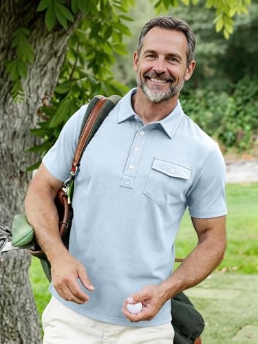 JEMLDL Mens Summer Shirts 4 Buttons Casual Vacation T Shirts Quick Dry Short Sleeve Golf Tops Outdoor Performance Light Blue M - Thumbnail 5