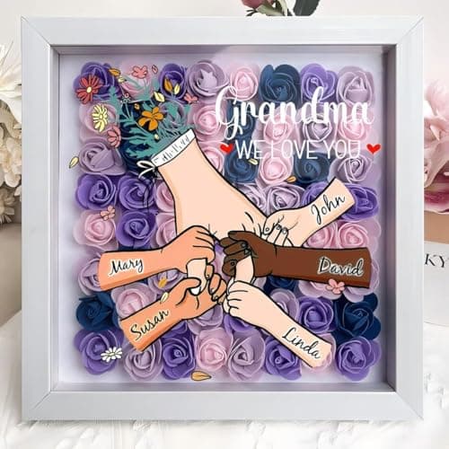 ROSLILY Custom Mom Flower Shadow Box with Kid's Name We Love You Mom Flower Box Picture Frame for Mom Grandma Family Anniversary Birthday (Brown Hand by Hand, 8*8in/20*20cm) - Thumbnail 5