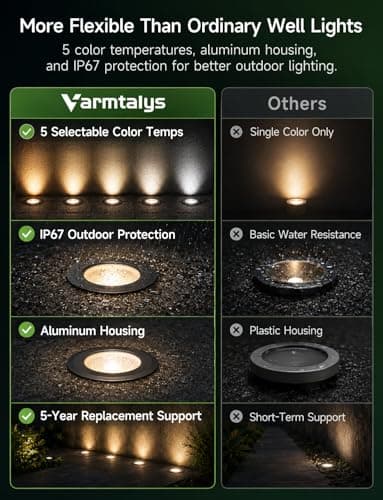 Varmtalys Low Voltage Well Lights for Landscaping - Outdoor IP67 12V LED Ground Light, 5 Color Temperature Selectable In-Ground Light, ORB Aluminum for Path House Backyard 9W 700LM 8 Pack - Thumbnail 4
