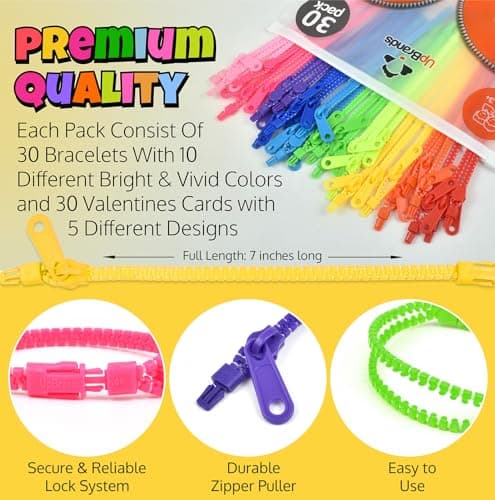 UpBrands 30 Valentine's Day Cards for Kids School & Fidget Zipper Bracelets Party Favors Toys, Bulk Valentine's Day Gifts for Kids, Classroom Exchange Gifts - Thumbnail 3