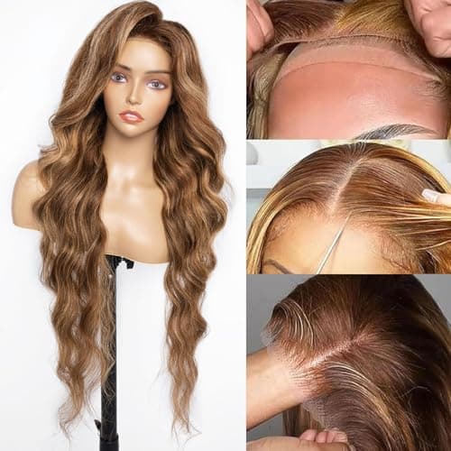 Yeuoin #4/27 Ombre Highlight Lace Front Wigs Human Hair Pre Cut 5X5 Glueless Honey Blonde Body Wave Wigs for Women Pre Plucked with Baby Hair Lace Closure wig 200% Density （34inch） - Thumbnail 2