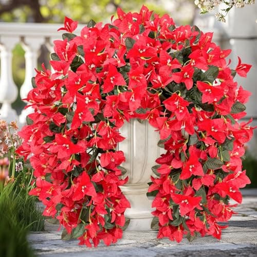 ICX 2 PCS Artificial Bougainvillea Flowers for Outdoors,Fake Silk UV Resistant Hanging Flowers,Realistic Artificial Flowers for Decoration,Outdoor Faux Plants for Door Porch Patio Planter Yard（Red） - Image 1