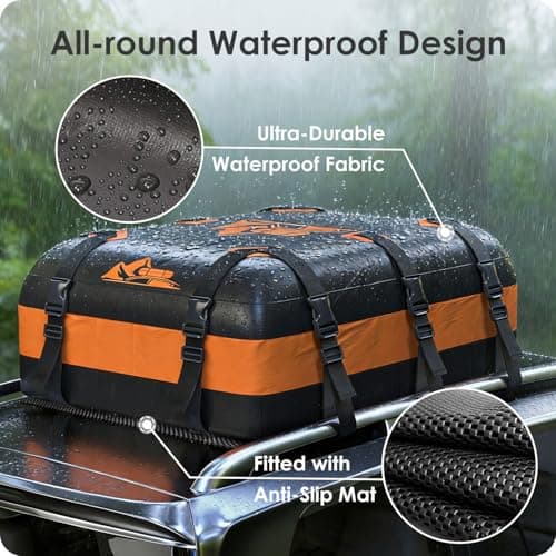 BATSUVCER Car Rooftop Cargo Carrier Bag 20 Cubic Feet, 100% Waterproof Heavy Duty Car Roof Bag for All Vehicle with/Without Racks - Anti-Slip Mat, 6 Door Hooks, Storage Bags, 5CM Straps(Orange) - Thumbnail 2