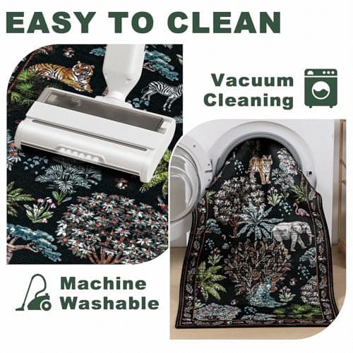 Yamaziot Washable Area Rug 5x7 – Jungle Animal Print Linen Rug for Living Room, Low Pile Non Slip Boho Floor Carpet for Indoor Outdoor Rug, Bedroom, Living Room, Dining Room, Forest Black - Thumbnail 6