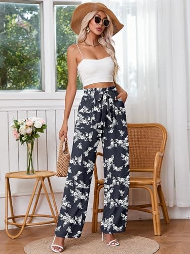 Heymoments Women's Wide Leg Pants with Pockets Lightweight White Flower Navy XX-Large High Waisted Tie Knot Paperbag Dressy Palazzo Loose Paper Bag Comfy Business Casual Work Flowy Trousers - Thumbnail 2