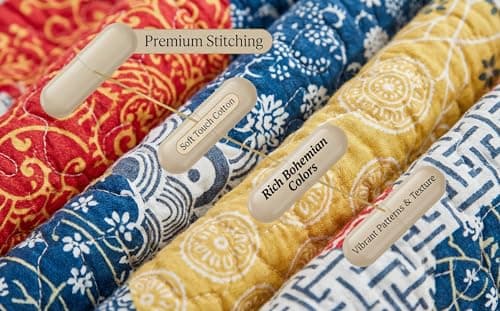 Andreannie Boho Quilt Set King Size, Reversible Floral Geometric Honeycomb Pattern Bedspread, Soft Lightweight Microfiber Bedding Coverlet, All Season Bohemian Quilt with 2 Pillow Shams, 3 Pieces - Thumbnail 4