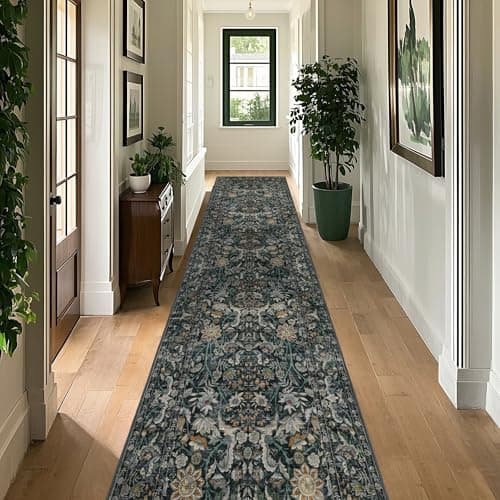 Luxcrest Green 2x8 Runner Rug: Vintage Floral Washable Rugs for Entryway Hallway Bedside Kitchen Indoor - Soft Non-Slip Stain Resistant Low Pile Carpet - Dark Green - Thumbnail 4