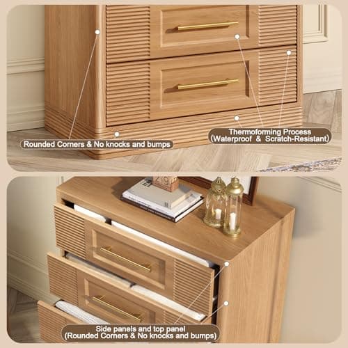 RECHHX Farmhouse 5 Drawers Dresser for Bedroom, 44" Tall Modern Chest of Drawers, Wooden Thermoformed Curved Dresser Organizer for Bedroom, Living Room, Natural Oak - Thumbnail 6