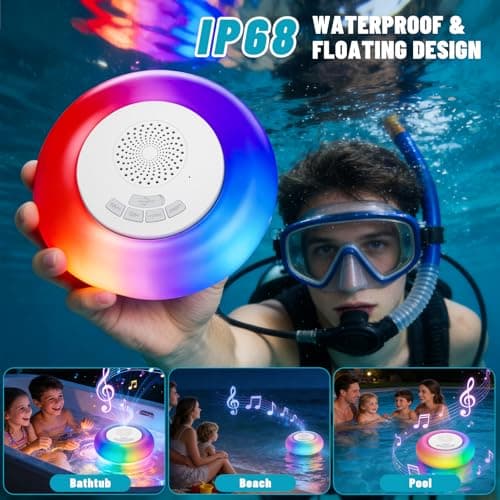 JEMULICE 2 Pack Floating Pool Lights with Bluetooth Pool Speaker, 2-in-1 RGB Pool Lights, IP68 Waterproof, 360° Hi-Fi Sound for Pool, Hot Tub and Outdoor Parties - Thumbnail 2