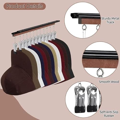 SNOWSTAR Hat Hanger for Closet, 2 Pack Sliding Hat Rack for Baseball Caps, Baseball Hat Organizer Holder with 24 Large Clips, Ball Cap Organizer Wall Space Saving Design - Thumbnail 2