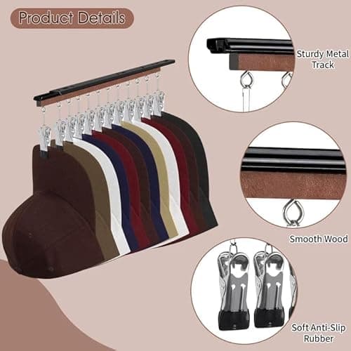 SNOWSTAR Hat Hanger for Closet, 2 Pack Sliding Hat Rack for Baseball Caps, Baseball Hat Organizer Holder with 24 Large Clips, Ball Cap Organizer Wall Space Saving Design - Thumbnail 2
