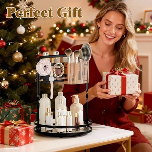 DUANFEE 360 Rotating Makeup Organizer, 2-Tier Black Perfume Organizer for Dresser, Bathroom Counter Organizer, Lazy Susan Vanity Tray Spinning Skincare Storage with Jewelry Hooks & Makeup Brush Holder - Thumbnail 6