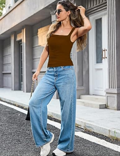 Totatuit Womens Tank Tops T Shirts Double Layer Square Neck Wide Strap Ruched Tee Tank Coffee - Thumbnail 6