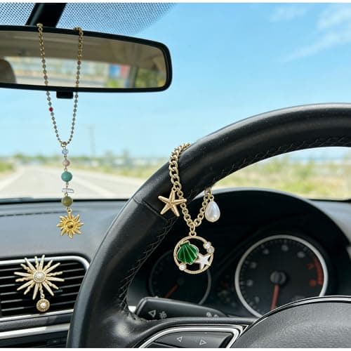 3 Pcs Christian Car Accessories for Women - Rear View Mirror Cross, Steering Wheel Rosary Charm & Air Vent Clip - Cute Girly Bling Car Decor (Green) - Thumbnail 6