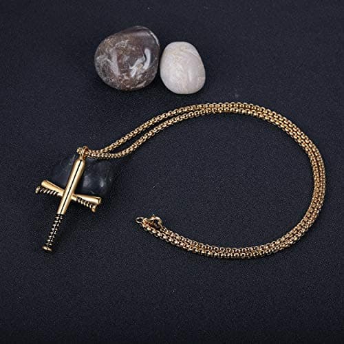Rehoboth Baseball Bat Cross Pendant Necklace for Women Men With 24 Inch Stainless Steel Chain Gold - Thumbnail 3