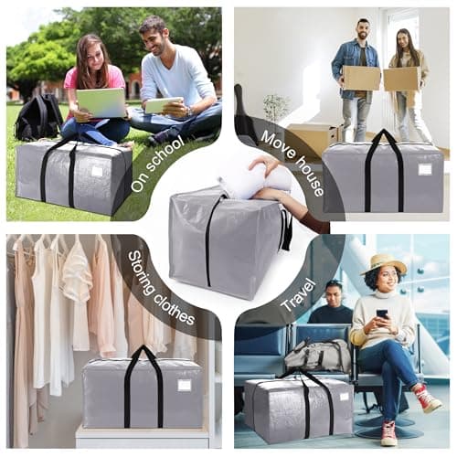 VELVETSURE Heavy Duty Extra Large Moving Bags W/Backpack Straps - Strong Handles & Zippers, Storage Totes For Space Saving, Fold Flat, Alternative to Moving Box and Storage Bin (Set of 6, Silver) - Thumbnail 6