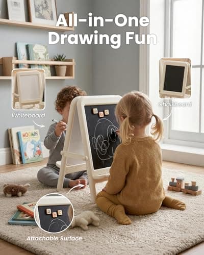 hoopyosms Tabletop Art Easel for Kids Double-Sided Kids Easel with Whiteboard & Chalkboard Toddler Art Easel for 2-4 Portable Painting Easel for Kids with Accessories Desktop Easel, White - Thumbnail 2
