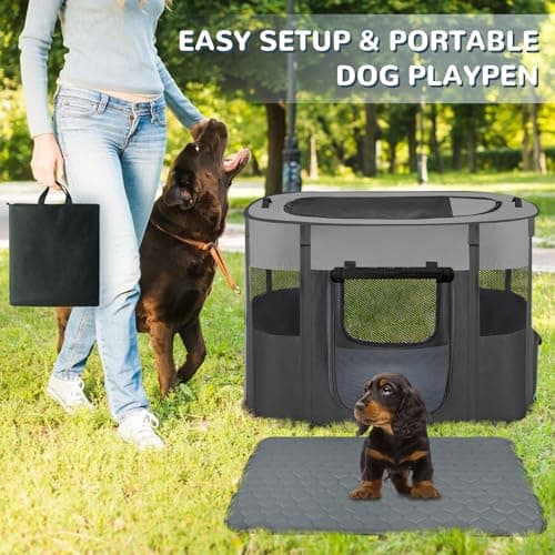 Large Dog Cat Playpen Crate with Waterproof Pad,Portable Collapsible Pet Dog Cat Kennel Cage Tent,Suitable for Indoor Outdoor Travel Camping,Water-Resistant Breathable Shade Cover (Grey L) - Thumbnail 6