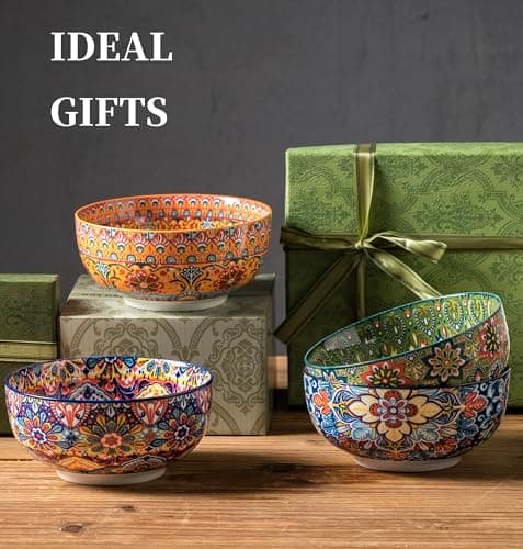 Porcelain Bowl Set of 4, 24 oz, 6 Inche Deeply Bohemia Bowl Set Large Ceramic Bowl Spaghetti Bowl, for Salad Pasta Soup Cereal Oatmeal Fruit, Microwave & Dishwasher Safe Gift Handmade-Style Print - Thumbnail 3