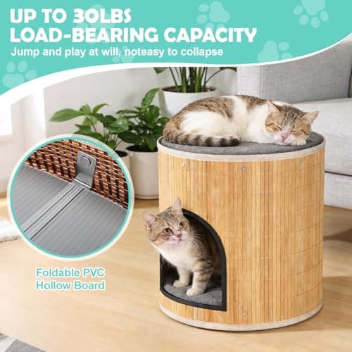 Cat Beds Indoor House, Handwoven Bamboo Cat Cave Pet Cube, Large Cat Houses, 2 Bed Mat, Foldable,Hideaway, 15.9x13.9 Inches, Living Room Bedroom Terrace Home Decoration Natural - Thumbnail 4