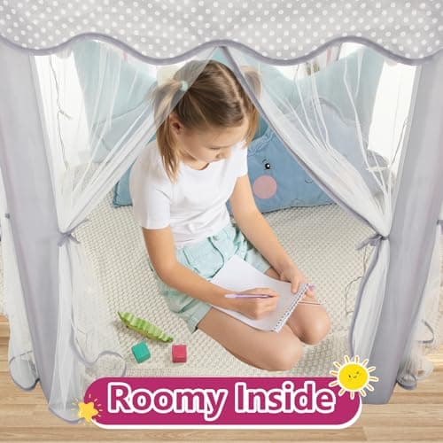 Monobeach Princess Tent Girls Large Playhouse Kids Castle Play Tent with Star Lights Gift Toy for Children Indoor and Outdoor Games, 55'' x 53'' (DxH) (Grey) - Thumbnail 5