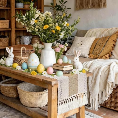 yuboo Boho Table Runner Short, Small Neutral Spring Table Runner 36 Inches, Macrame Dresser Scarf for Nightstand, Coffee Table, End Table, Bedside Table, Rustic Desk Dresser Decor - Thumbnail 2