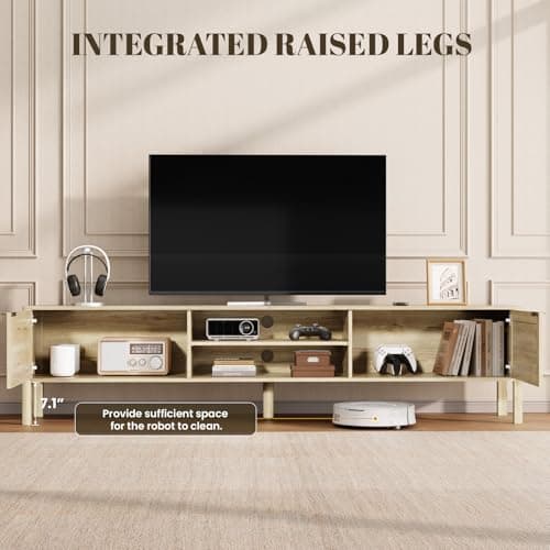 IKALIFE Rattan TV Stand for Living Room - Fits up to 85 Inch TVs, Rattan Media Console Table with Adjustable Shelves & 2 Storage Cabinets, Mid-Century Modern Entertainment Center, Oak 80" - Thumbnail 4