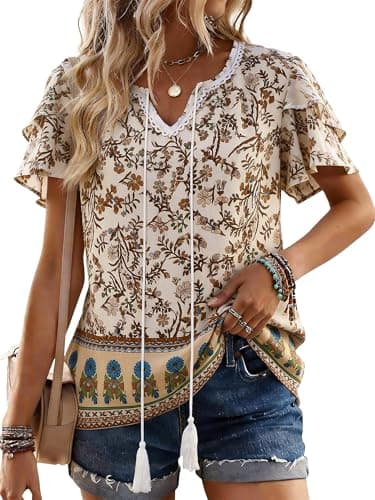 Bellcoco Womens Summer Boho Tops Short Sleeve Peplum Blouses V Neck Bohemian Shirt Tie Front Tunic Vacation Clothes Multi Brown Medium - Image 1
