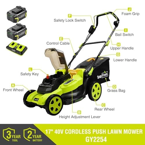 SnapFresh 40V 17” Brushless Lawn Mower – 2 x 5.0Ah Batteries Electric Cordless Push Mower with Fast Charger, 6-Level Height Adjustment, 45L Grass Bag, Lightweight Battery Powered Mower - Thumbnail 2