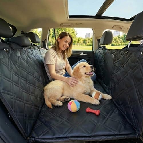 Junpee Hard Bottom Dog Car Seat Cover for Back Seat, 100% Waterproof Faux Leather Surface, Back Seat Extender with Mesh Window for Safe and Comfortable Travel, Suitable for Cars, SUVs, Trucks