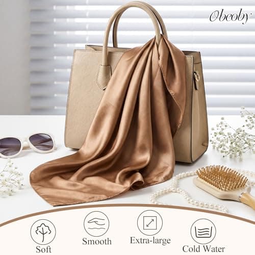 obeoby 2 Pcs Head Scarf for Women Like Silk Scarf, 35” Large Square Hair Scarf - Satin Scarf for Sleeping Hair Wrapping Beach Wear Travel Bandana for Women Gifts (Coffee Brown, Black) - Thumbnail 4