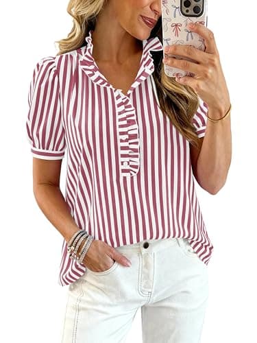 MASCOMODA Womens Puff Short Sleeve Summer Tops Striped Plaid Ruffle V Neck Button Down Shirts Business Casual Work Blouses(Striped Wine Red,Small) - Image 1