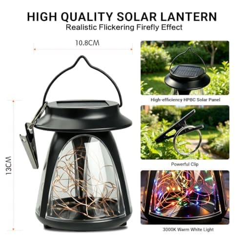 Solar Lantern Outdoor Waterproof Hanging Lights with Clip, Flickering Colorful Garden Decor, Gifts for Women Mom Solar Lights Outside, Solar Powered Lantern for Patio Yard Porch Pathway Lawn - Thumbnail 4