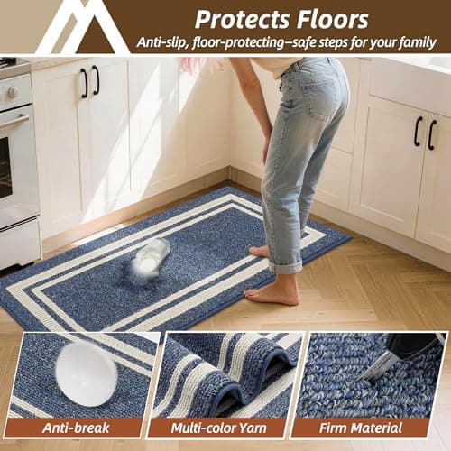 COSY HOMEER Kitchen Rugs Non-Slip 20x30/20x48 Inch Thick Polypropylene Standing Mat for Home Machine Washable, Bule Frame - Thumbnail 5