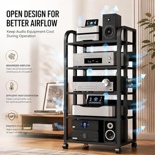 OVZXSD 5-Tier Av Media Stand with Wheels, Audio Tower Rack with Adjustable Shelves, Stereo Racks and Stands with Storage Shelves, Media Console for Home, Office, Theater, Black - Thumbnail 3