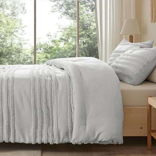 BEDELITE Boho Twin/Twin XL Comforter Set，Light Grey Tufted Striped Bed Set 2 Pieces, Soft Vintage Farmhouse Comforter for College, Boho Home Dorm Decor, Fluffy Jacquard Bedding with 1 Pillow Sham - Thumbnail 5