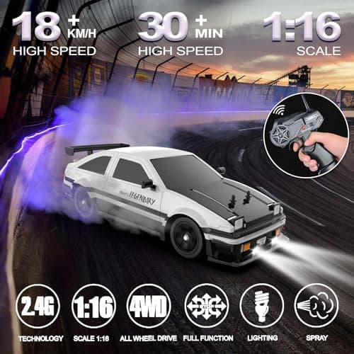 Remote Control Car RC Drift Car 1:16 Scale 4WD 18KM/H High Speed Model Vehicle 2.4GHz with LED Lights Spray Rubber Tire Racing Sport Toy for Adults Boys Girls Kids Gift 2Pcs Rechargeable Batteries - Thumbnail 2