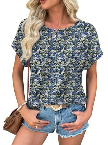 ATHMILE Beach Vacation Clothes for Women Summer Tops Basic Tees Tops Short Sleeve Blouses Casual Outfits for Women Blue Floral - Image 1