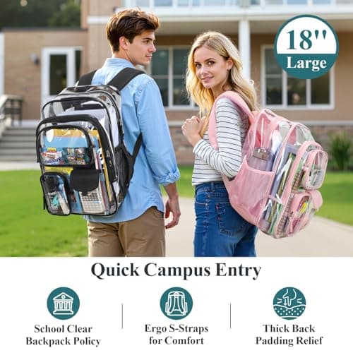 PACKISM Clear Backpack with Small Insulated Lunch Bag and Ice Pack - 18 Inch Extra Large Heavy Duty Bookbag with 3 Front Pockets, See Through PVC Transparent Backpacks for School, Black (Age 12+) - Thumbnail 2
