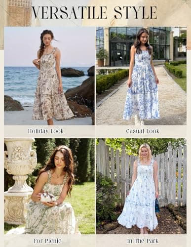 Women's 2026 Summer Floral Boho Dress Square Neck Easter Casual Sundress Apricot M - Thumbnail 5