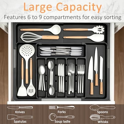 Spaclear Silverware Organizer Expandable Kitchen Utensil Drawer Organizer Large BPA Free Adjustable Cutlery Silverware Tray for Spoons Forks Knives Storage Divider for Kitchen Flatware 6-9 Slots Black - Thumbnail 3