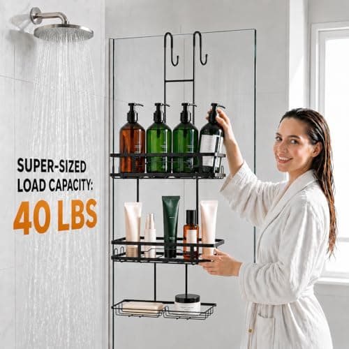 OMAIRA Over The Door Shower Caddy, 3-Tier Hanging Shower Organizer with 8 Hooks & Soap Holder, Height-Adjustable Rustproof Bathroom Shelf for Shower Door, No Drilling Storage Rack, Black - Thumbnail 4